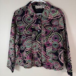 Life Style Black Multi Color Abstract Dot Circle Print Button Up Jacket Women L